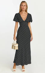 Elise Midi Dress - V Neck Puff Sleeve Dress in Black Polka