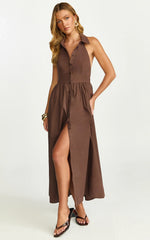 Ruby Midi Dress - Collared Button Down Gathered Waist Skirt Fit And Flare Dress in Dark Chocolate