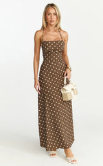 Leighton Maxi Dress - Cross Over Spaghetti Straps Square Neck A Line Dress in Choc/Cream Polka Dot