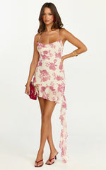 Lila Mini Dress - Cowl Neck Asymmetric Frill Skirt Dress in Toile De Joie Print