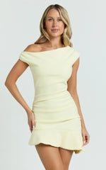 Goldie Mini Dress - Tipped Off Shoulder Cap Sleeve Ruched Fitted Ruffle Hem Skirt Dress in Lemon