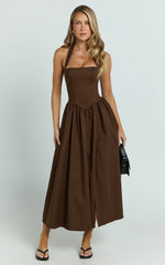 Helda Midi Dress - Halter Tie Neck Corset Panel Dress in Chocolate