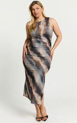 Loralie Midi Dress - Mesh High Neck Bodycon Dress in Brown Tie Dye