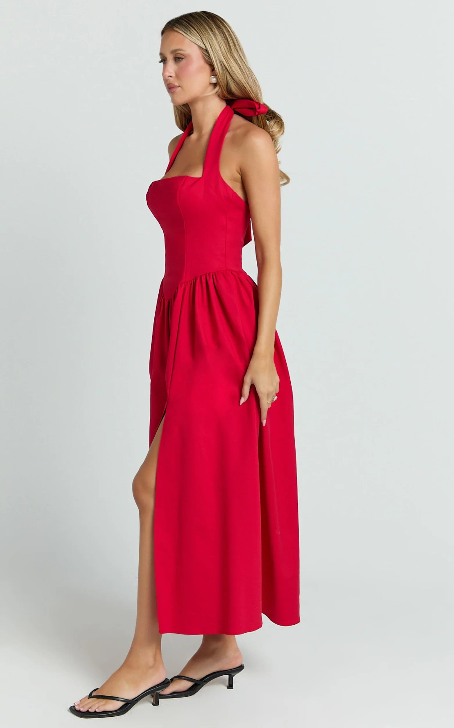 Helda Midi Dress - Halter Tie Neck Corset Panel Dress in Red