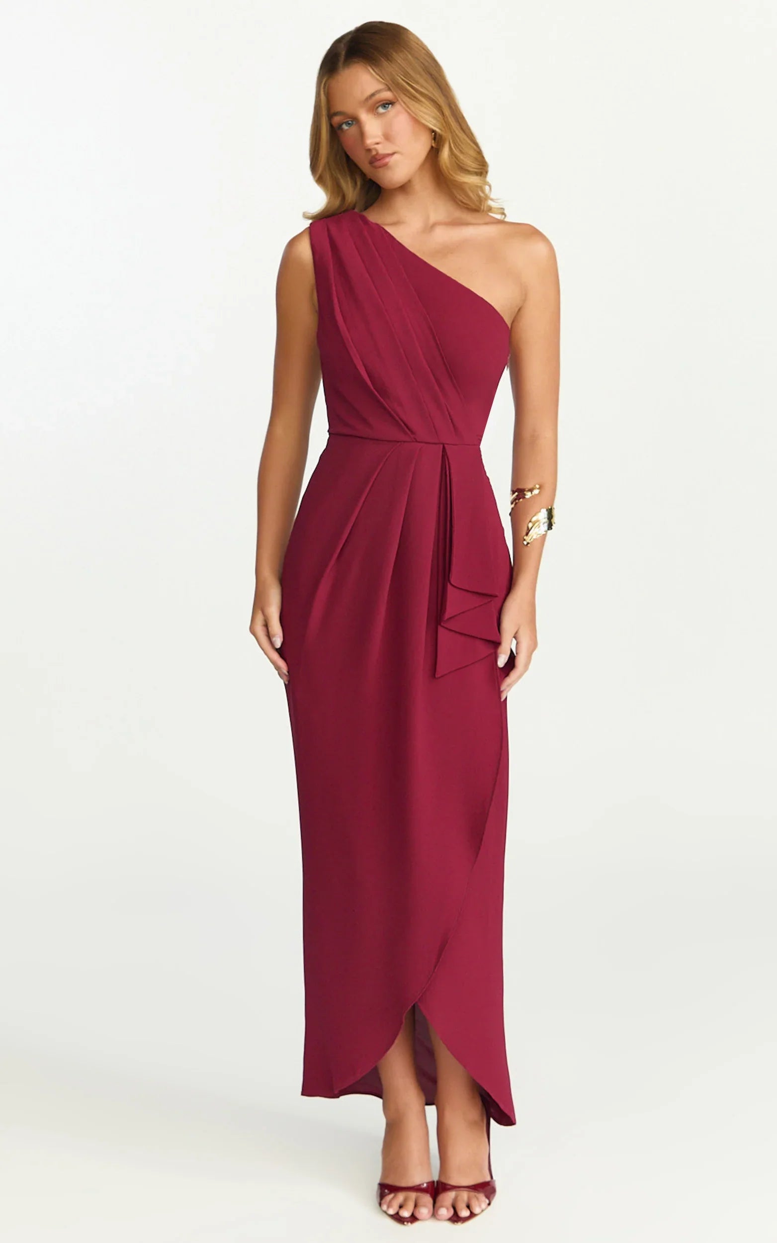 Namaari Midi Dress - Faux Wrap One Shoulder Dress in Wine