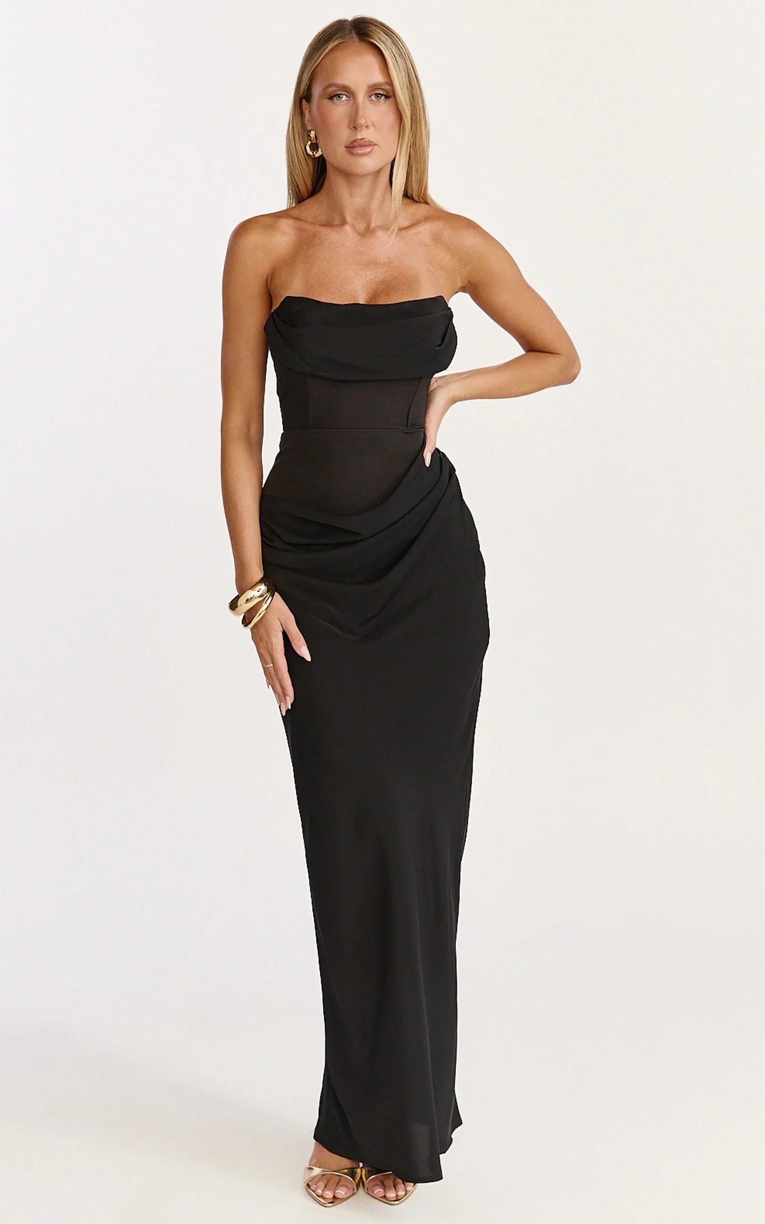 Phoebe Maxi Dress - Strapless Structured Bodice Drape Skirt Dress in Black