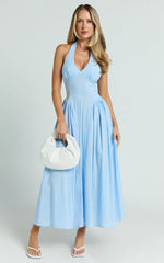 Athena Midi Dress - Halter Drop Waist Dress in Blue