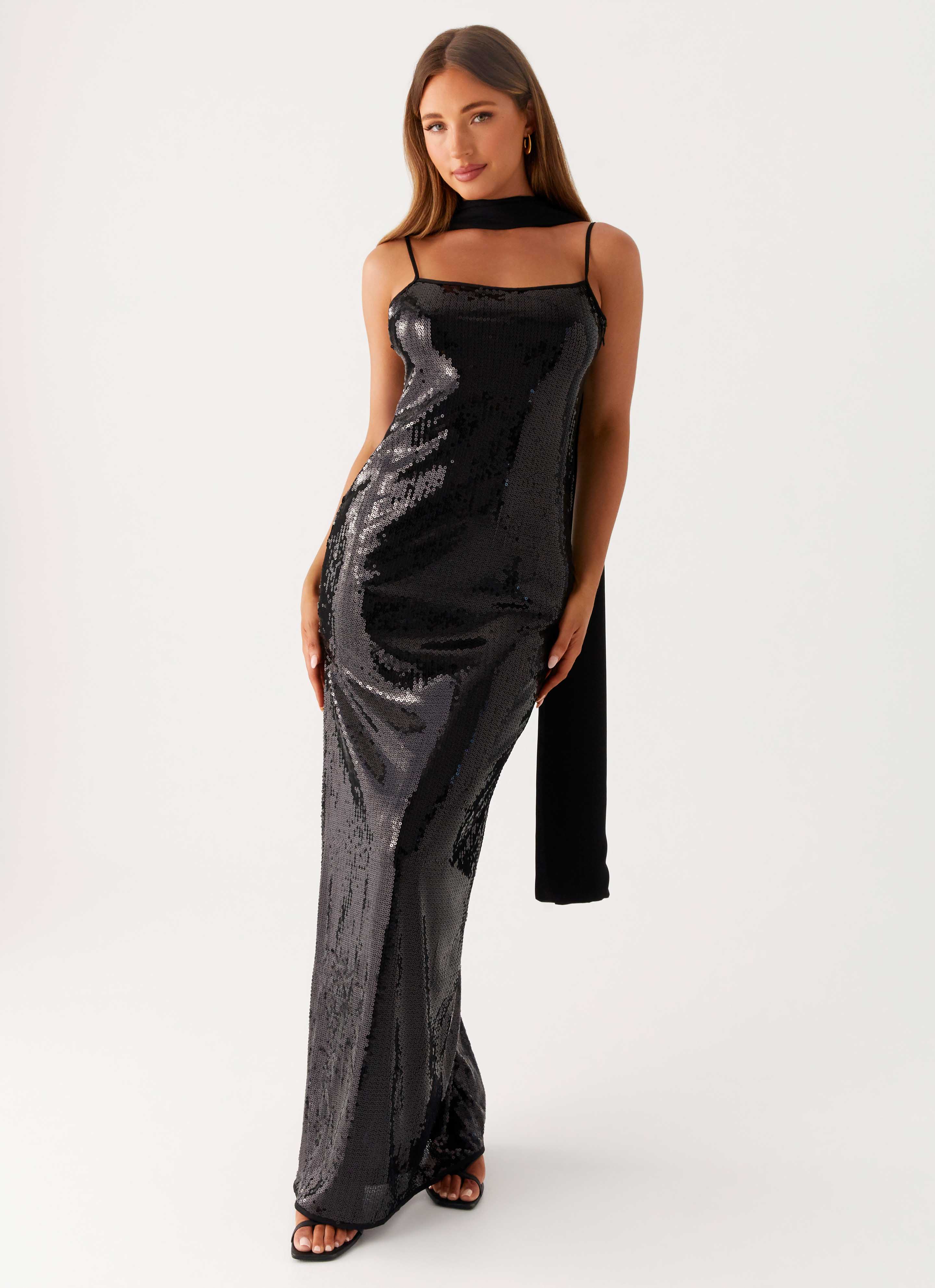 Scarf Neck Sequins Maxi Dress - Black