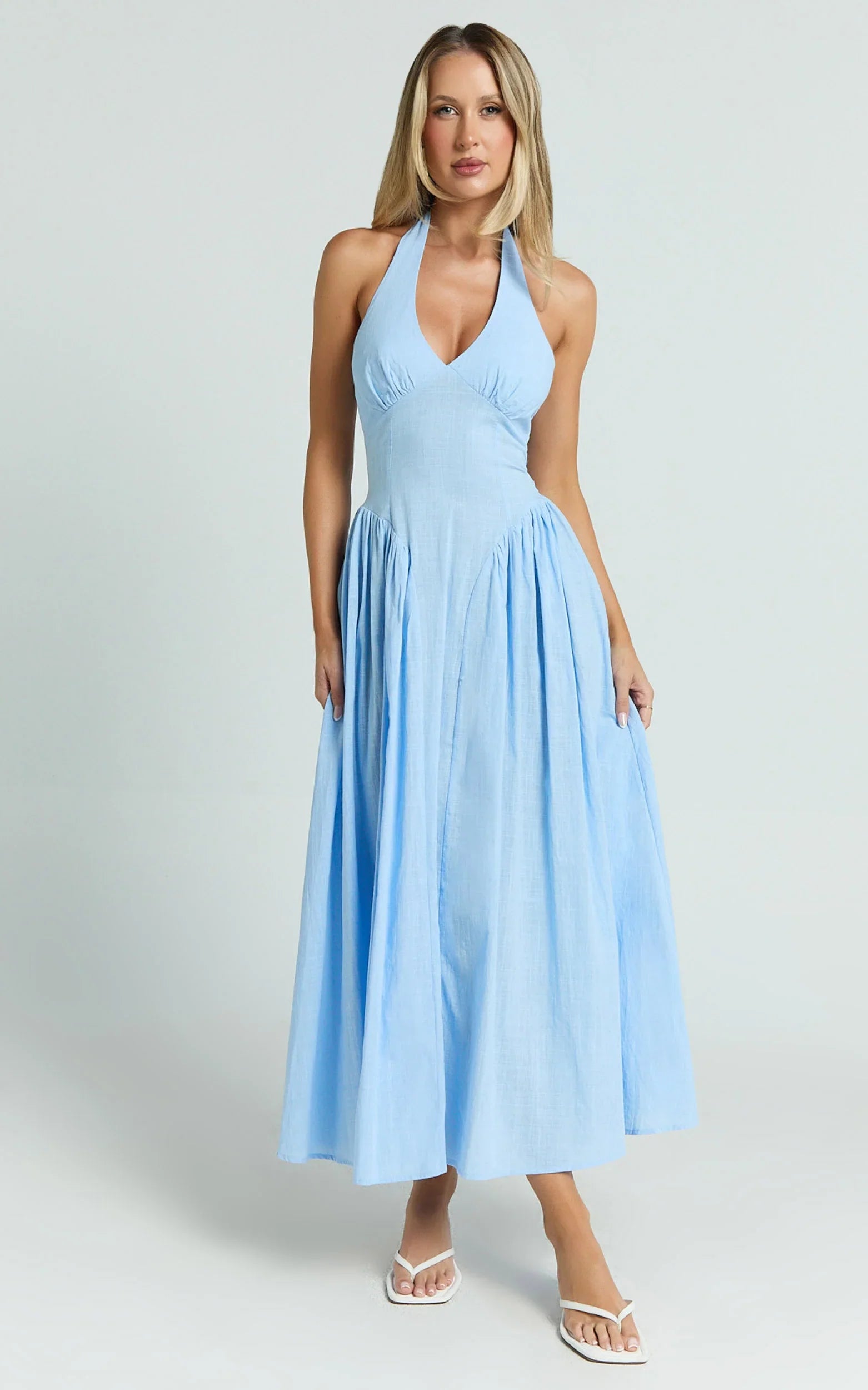 Athena Midi Dress - Halter Drop Waist Dress in Blue
