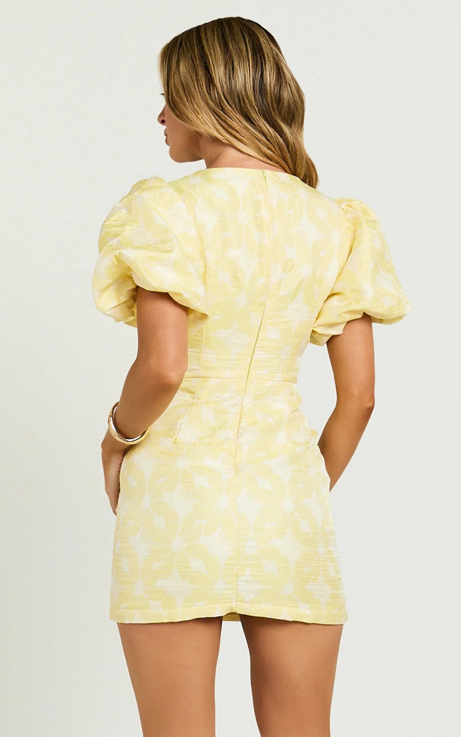 Diana Mini Dress - Jacquard Short Sleeve Cut Out Dress in Lemon