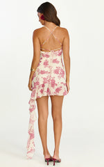 Lila Mini Dress - Cowl Neck Asymmetric Frill Skirt Dress in Toile De Joie Print