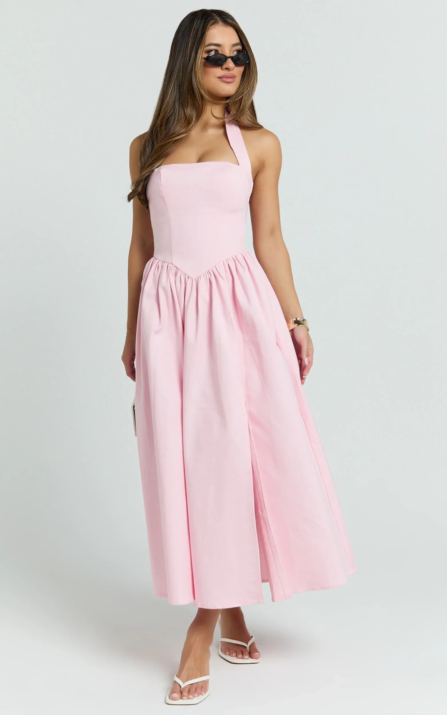 Helda Midi Dress - Halter Tie Neck Corset Panel Dress in Pink