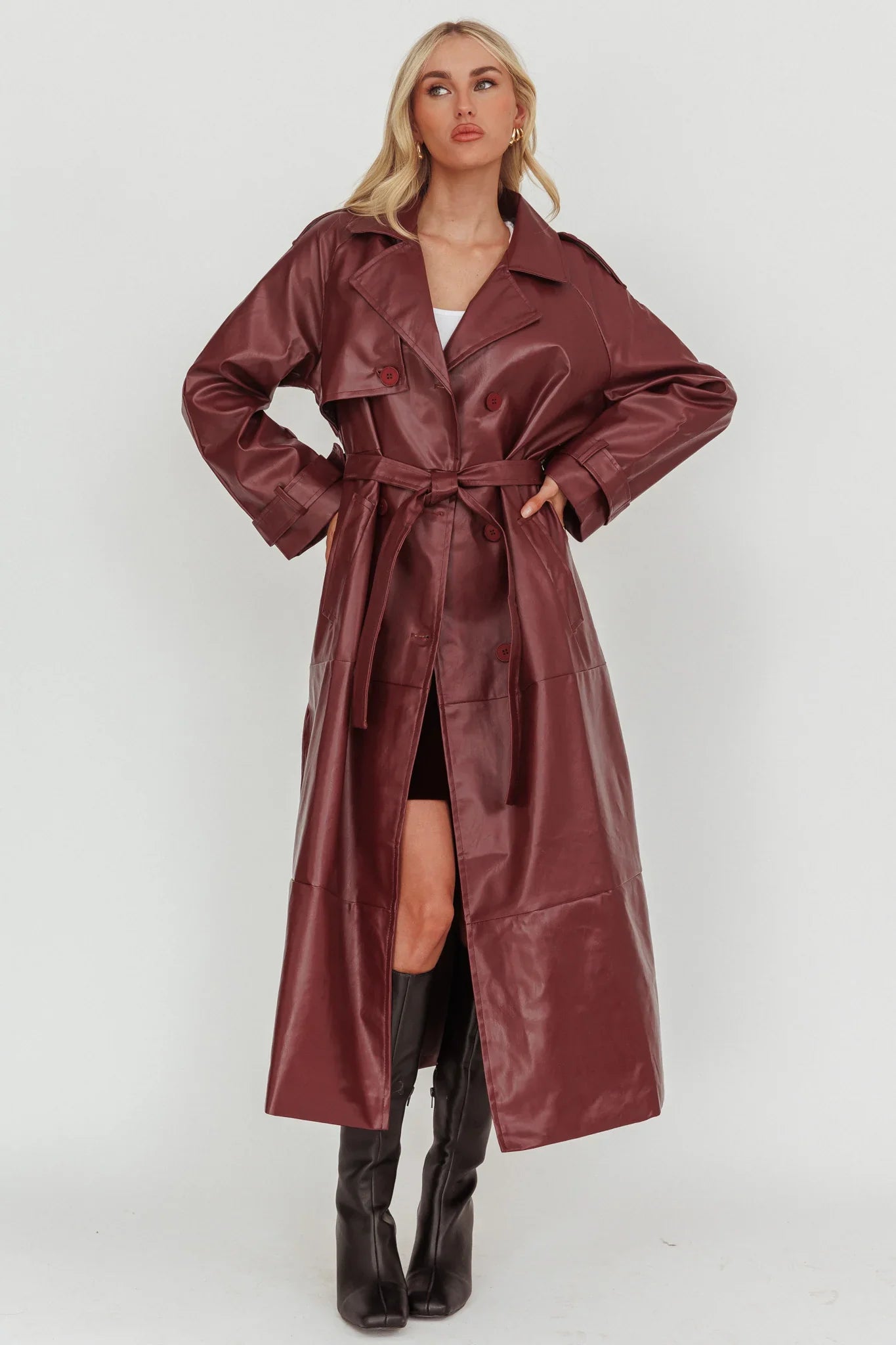 Longline Faux Leather Trench Coat Burgundy