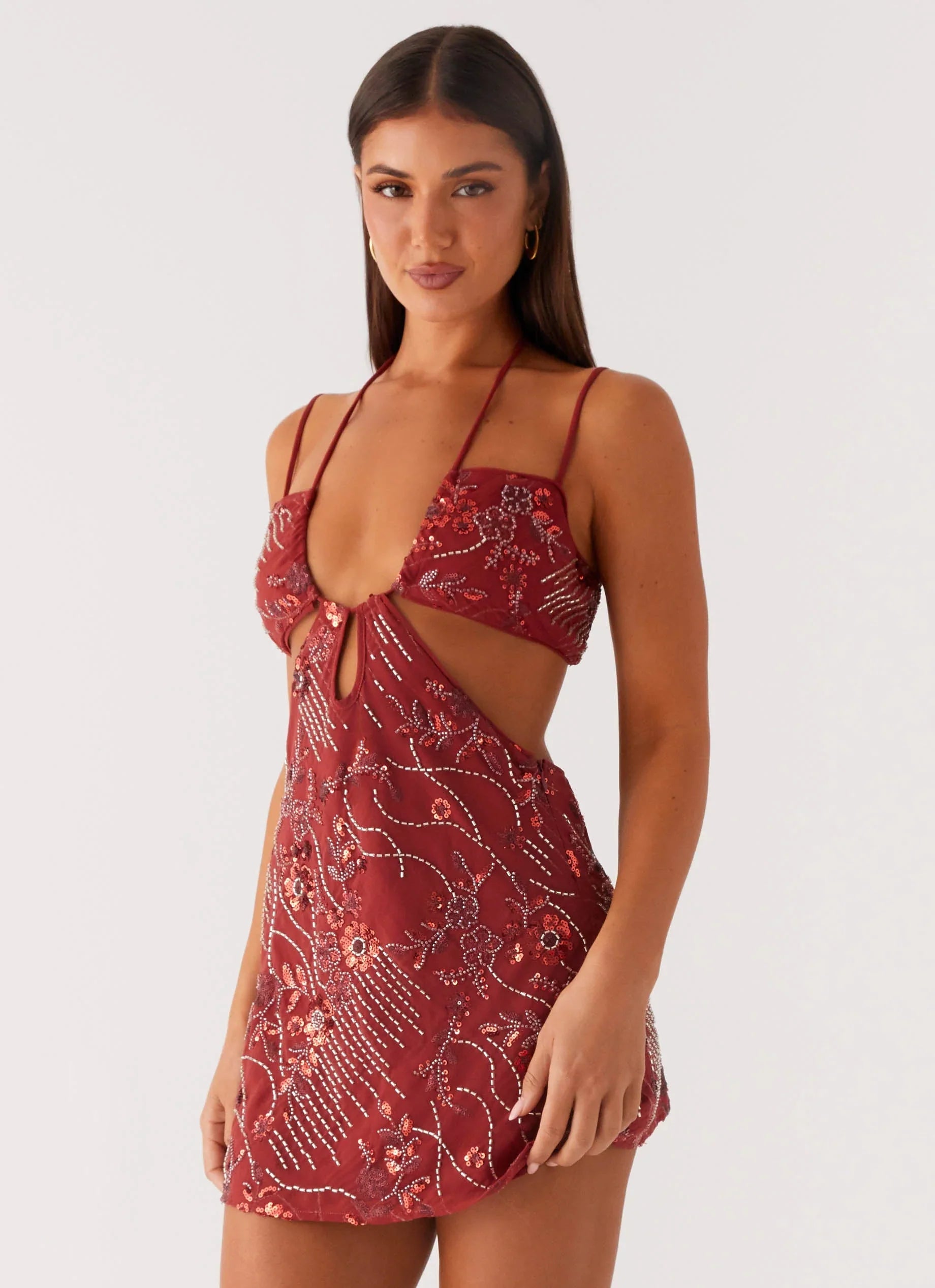 Sahara Nights Beaded Mini Dress - Rust