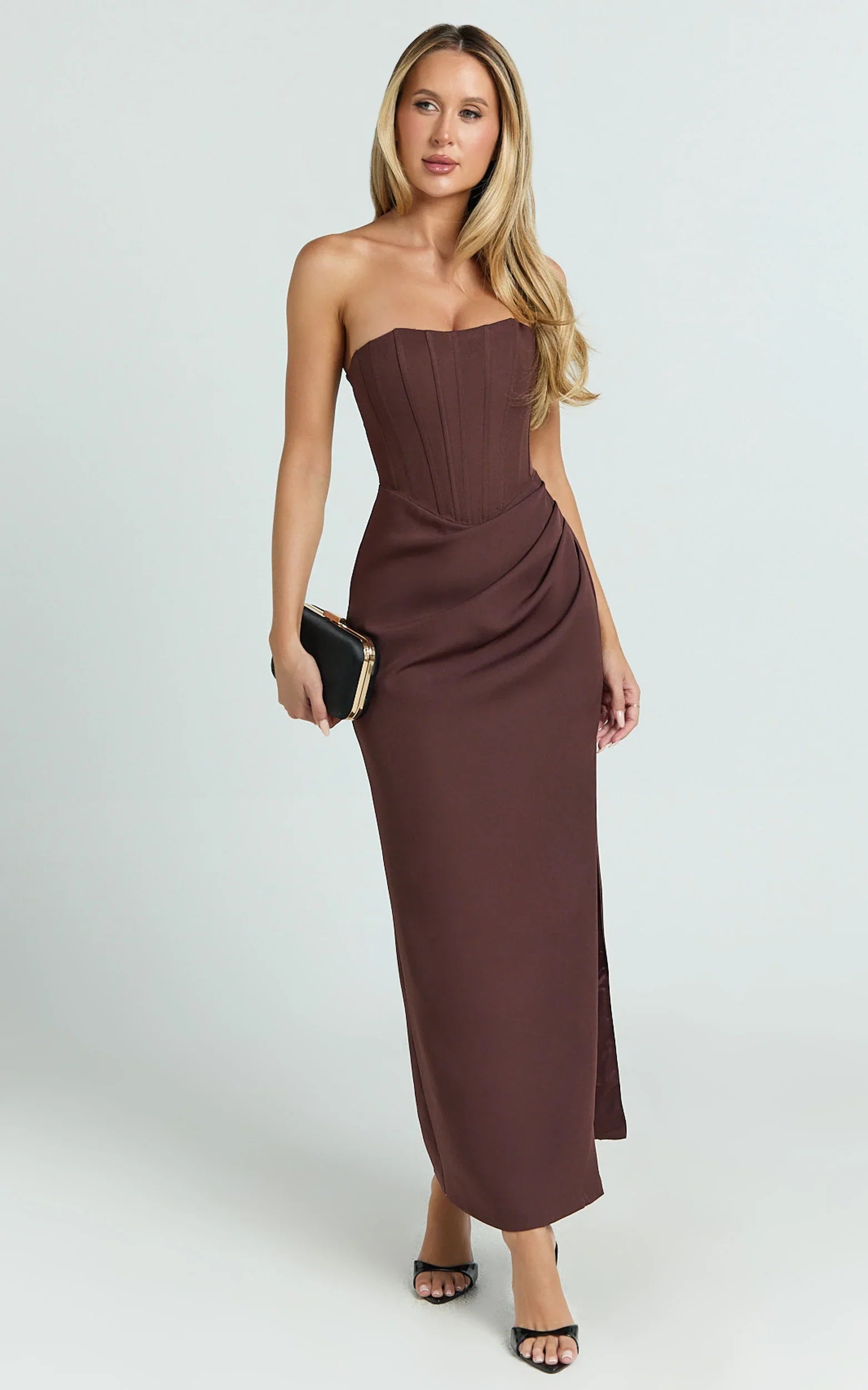 Avery Midi Dress - Strapless Draped Side Split Dress in Chocolate
