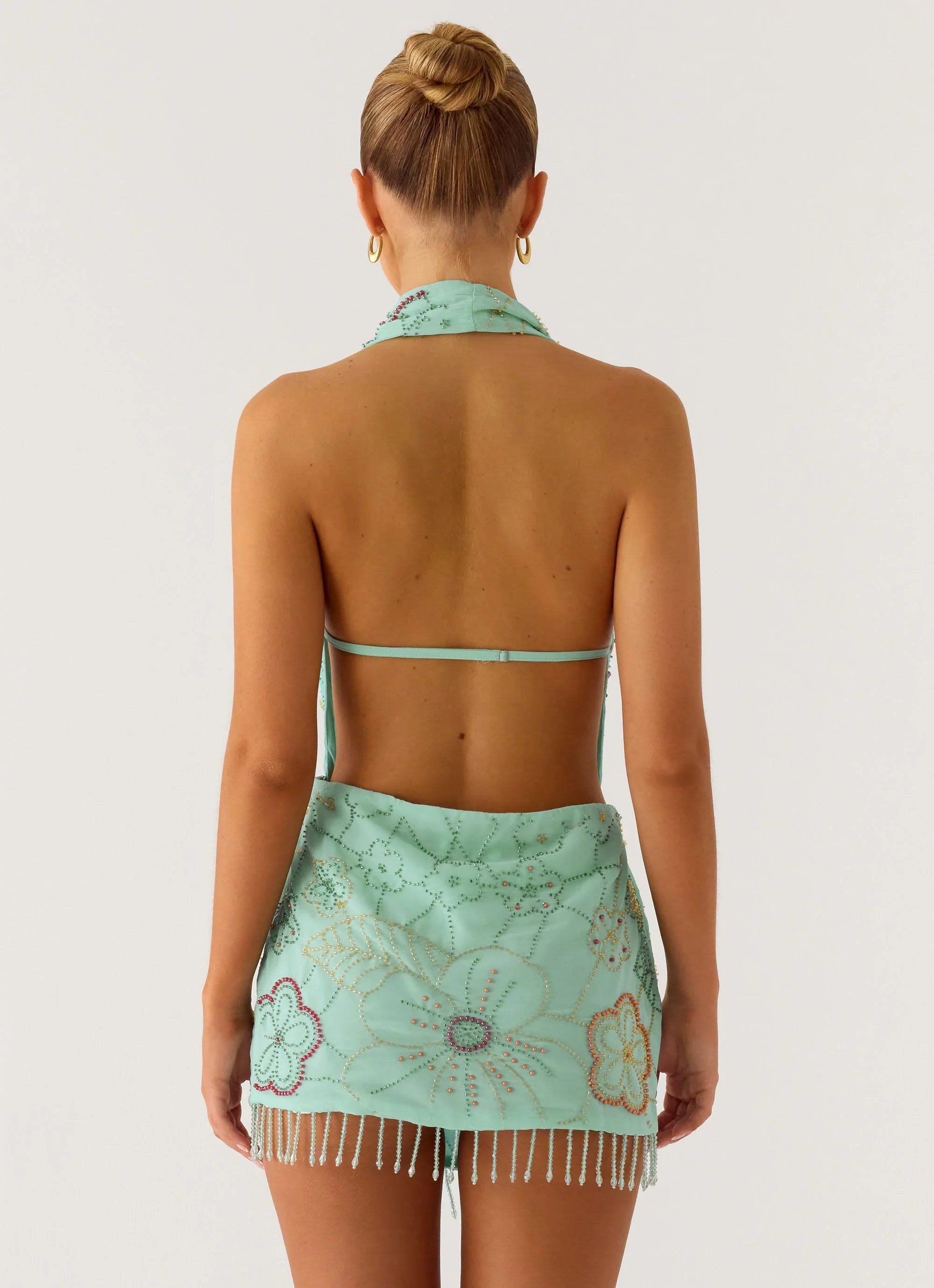 Outlaw Beaded Mini Dress - Mint Aqua